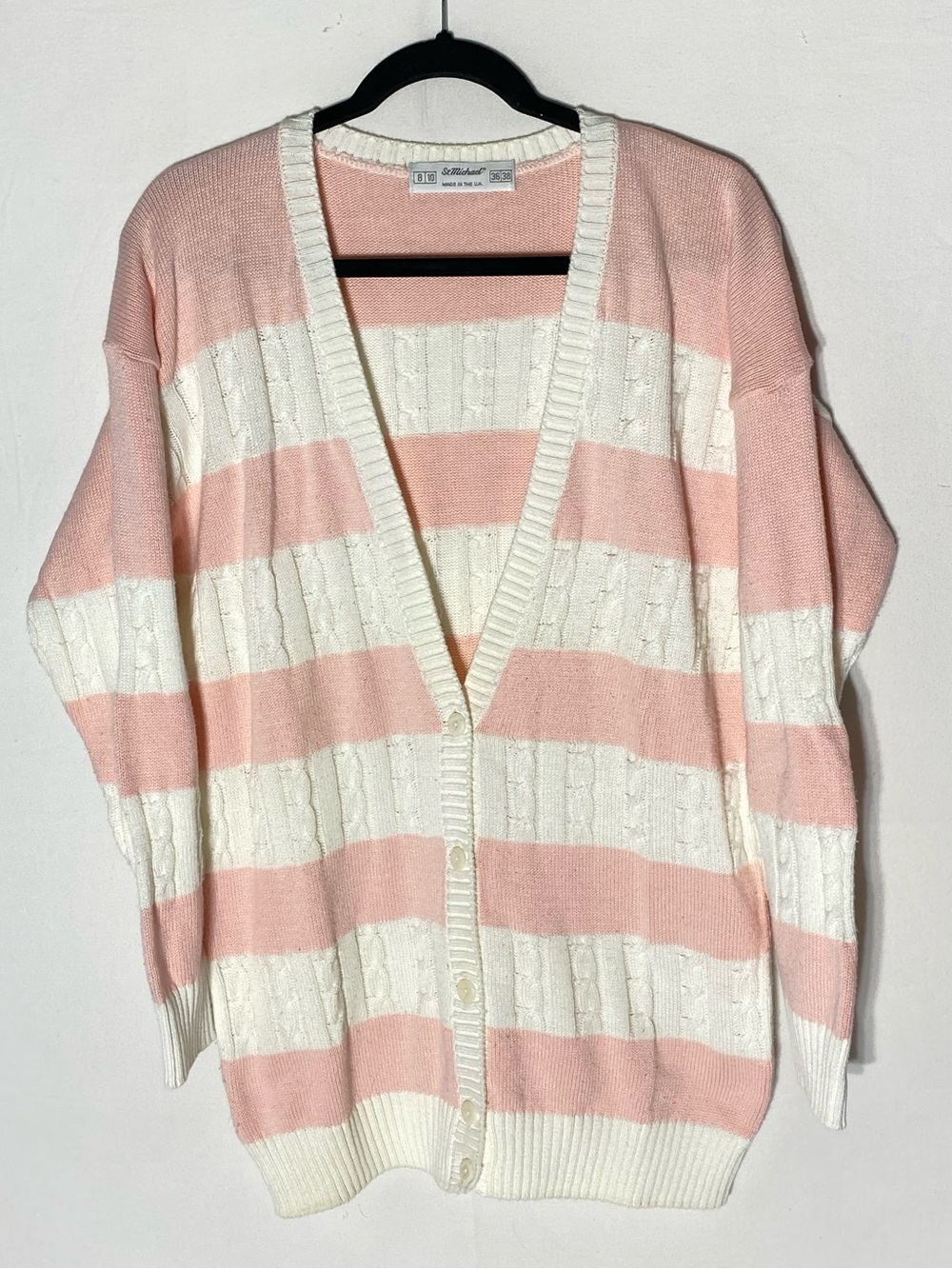 Vintage St. Michael Pink White Striped Cable Knit Cardigan Sweater S Academia